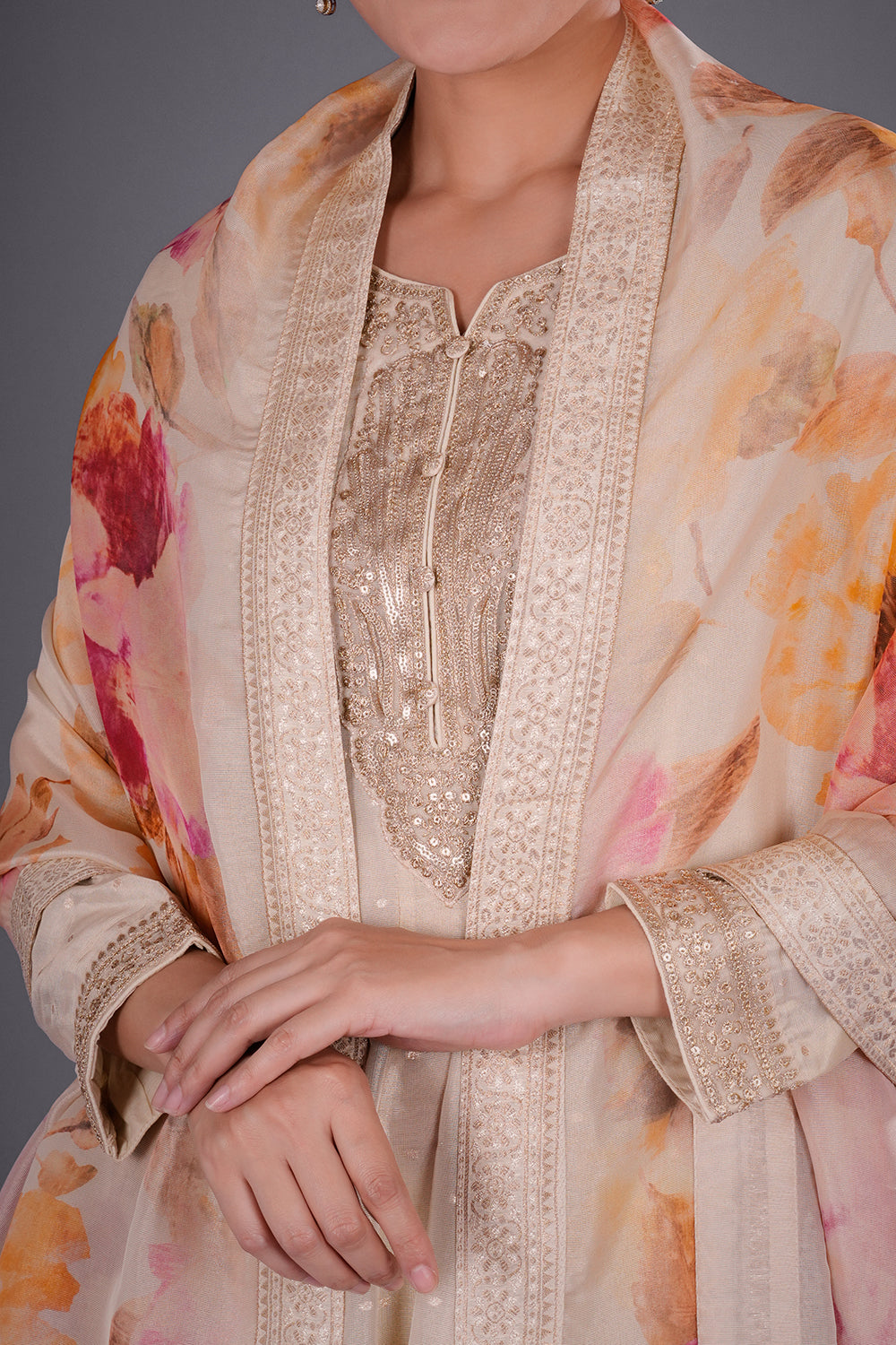 Ivory Gold Chanderi Anarkali Set with Zari Embroidery
