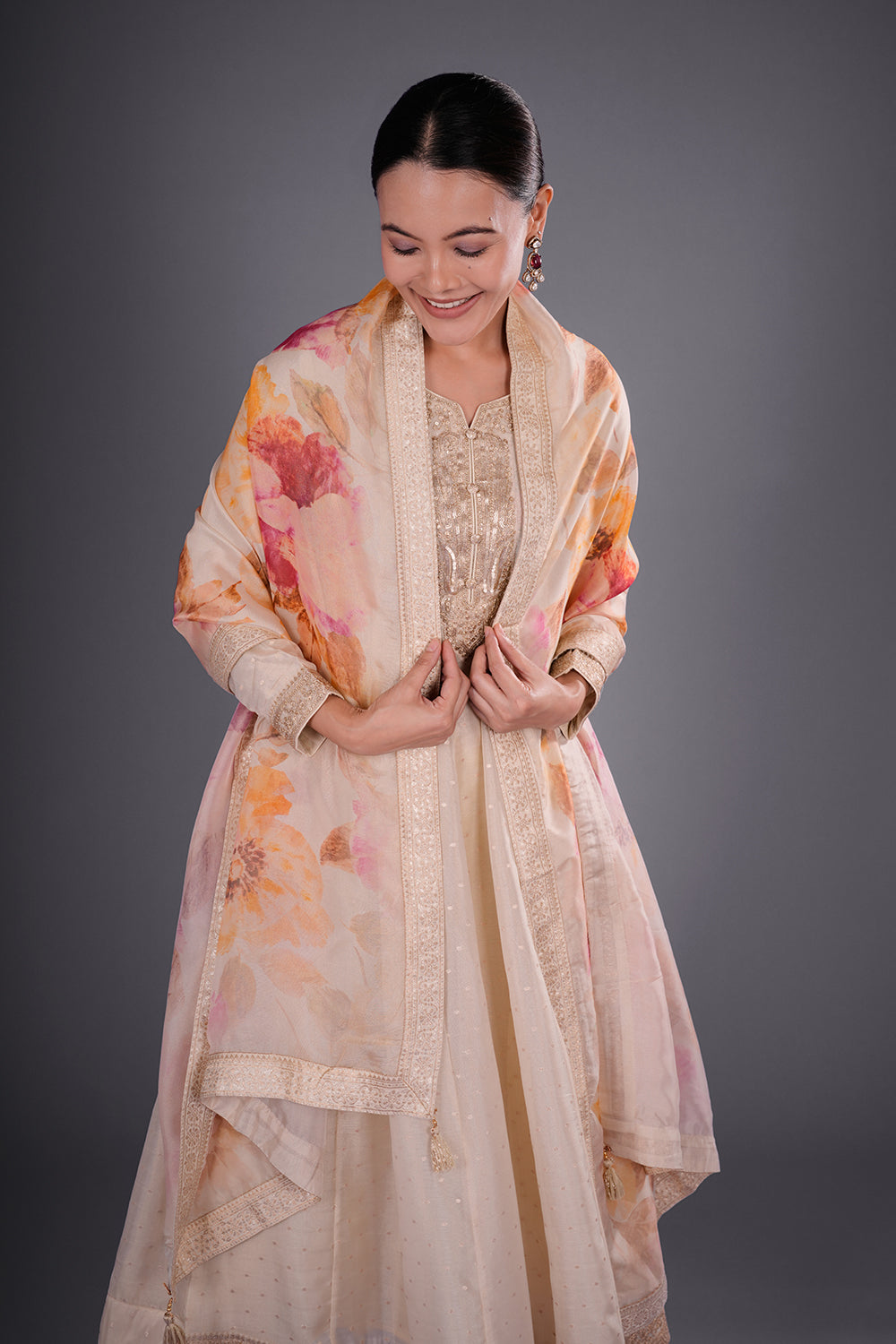 Ivory Gold Chanderi Anarkali Set with Zari Embroidery