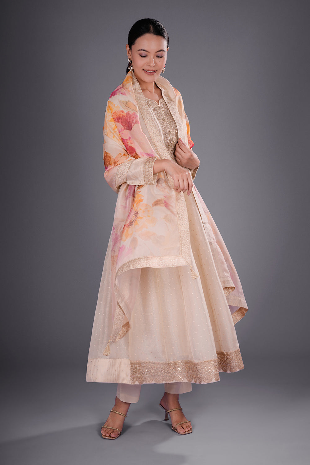 Ivory Gold Chanderi Anarkali Set with Zari Embroidery
