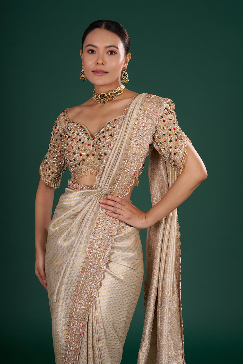 Ivory Gold Shimmer Zari Brocade Saree with Cutdana Embroidery