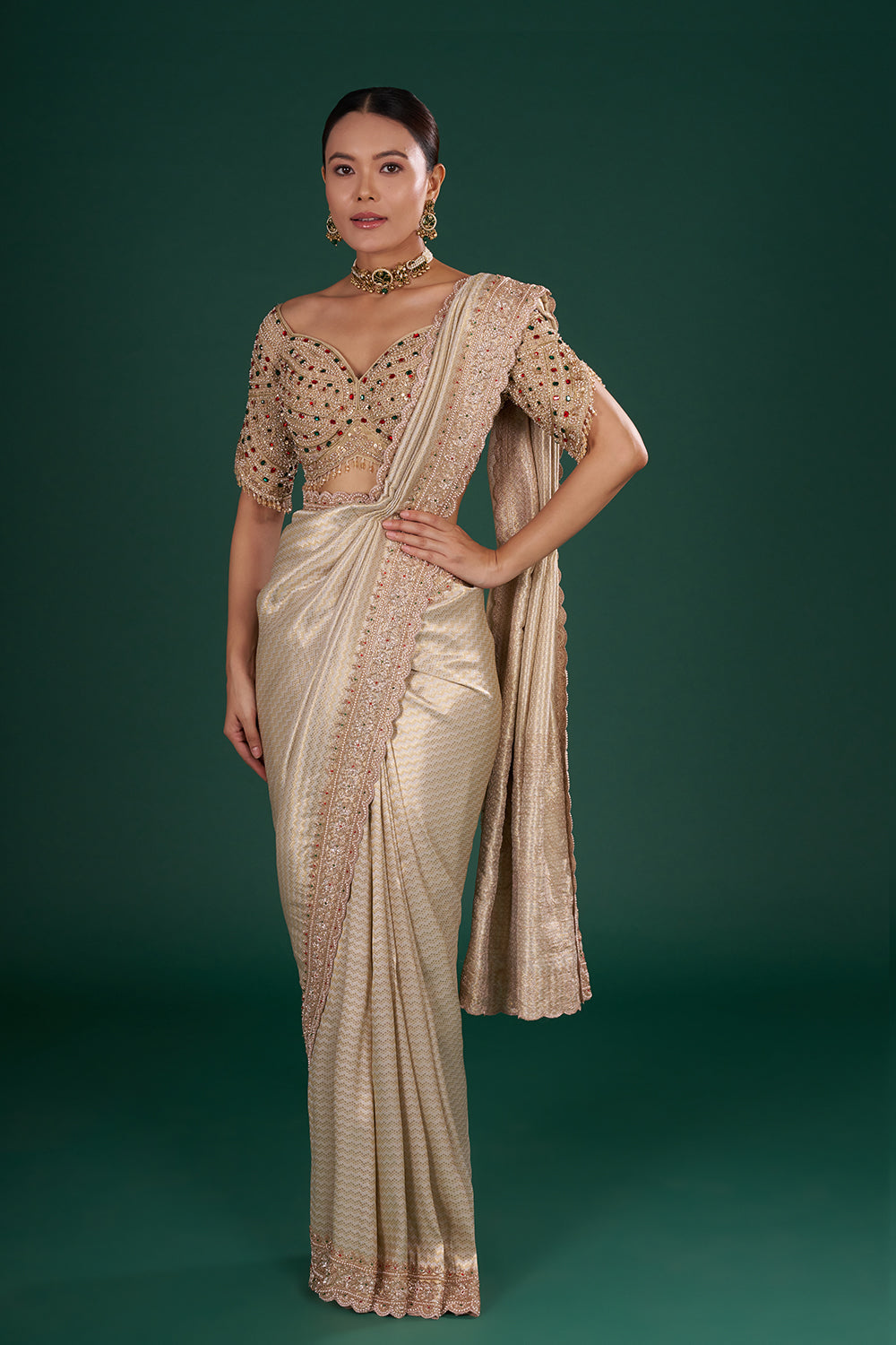 Ivory Gold Shimmer Zari Brocade Saree with Cutdana Embroidery