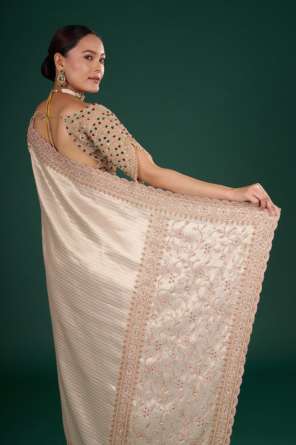 Ivory Gold Shimmer Zari Brocade Saree with Cutdana Embroidery