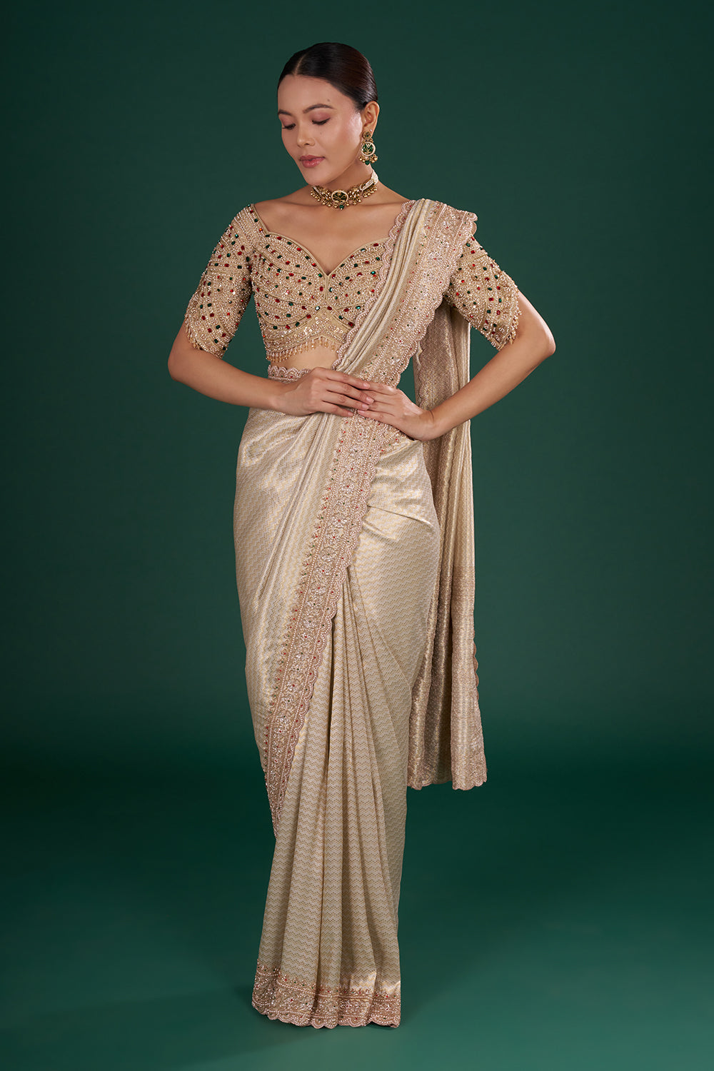 Ivory Gold Shimmer Zari Brocade Saree with Cutdana Embroidery