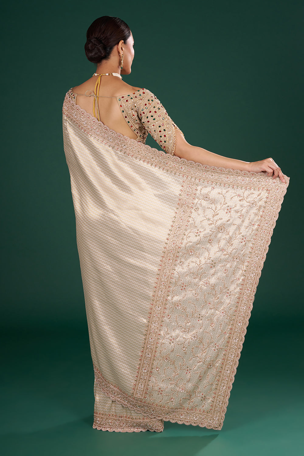 Ivory Gold Shimmer Zari Brocade Saree with Cutdana Embroidery