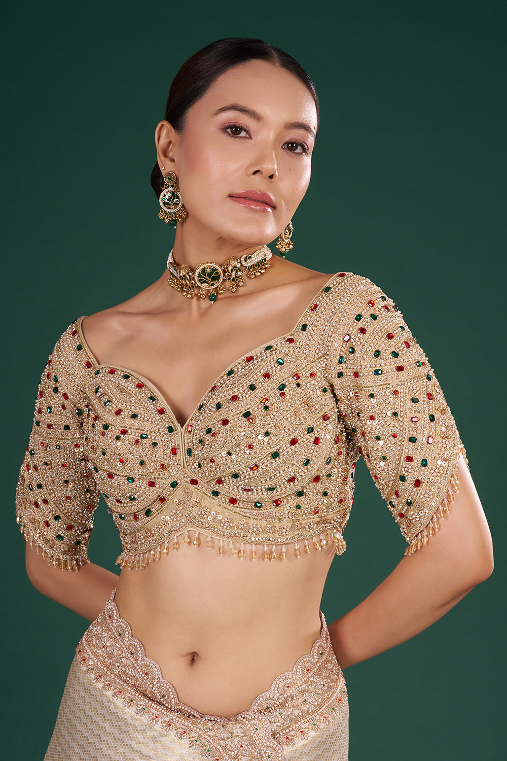 Ivory Gold Shimmer Zari Brocade Saree with Cutdana Embroidery