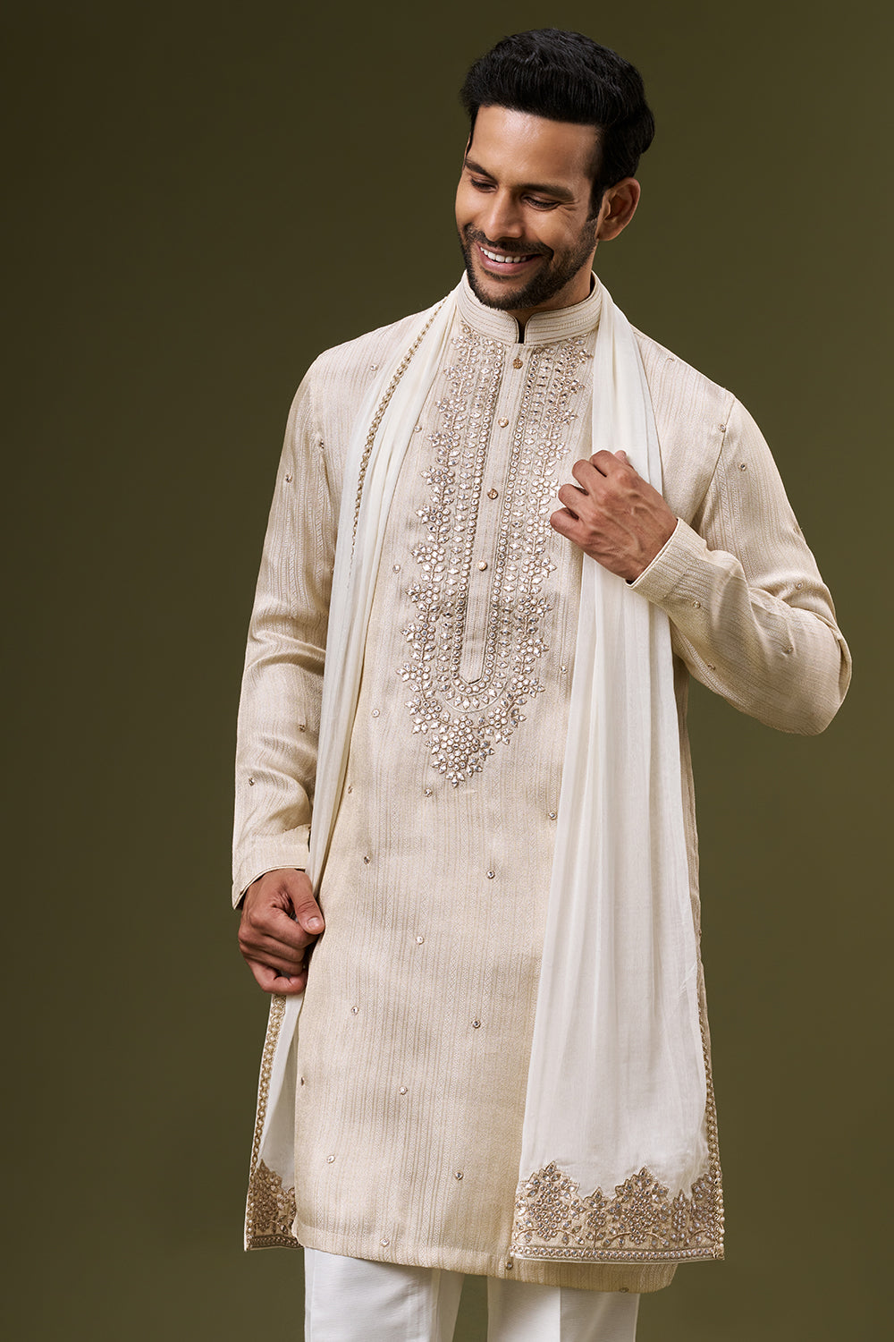 Ivory Gold Jacquard Mens Kurta Set with Abla and Foil Work