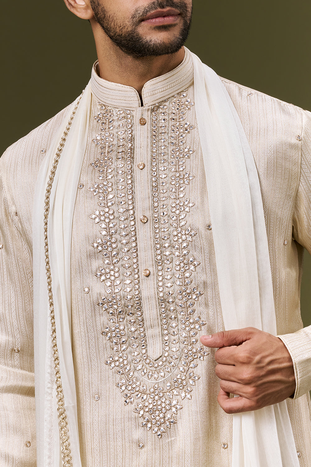 Ivory Gold Jacquard Mens Kurta Set with Abla and Foil Work