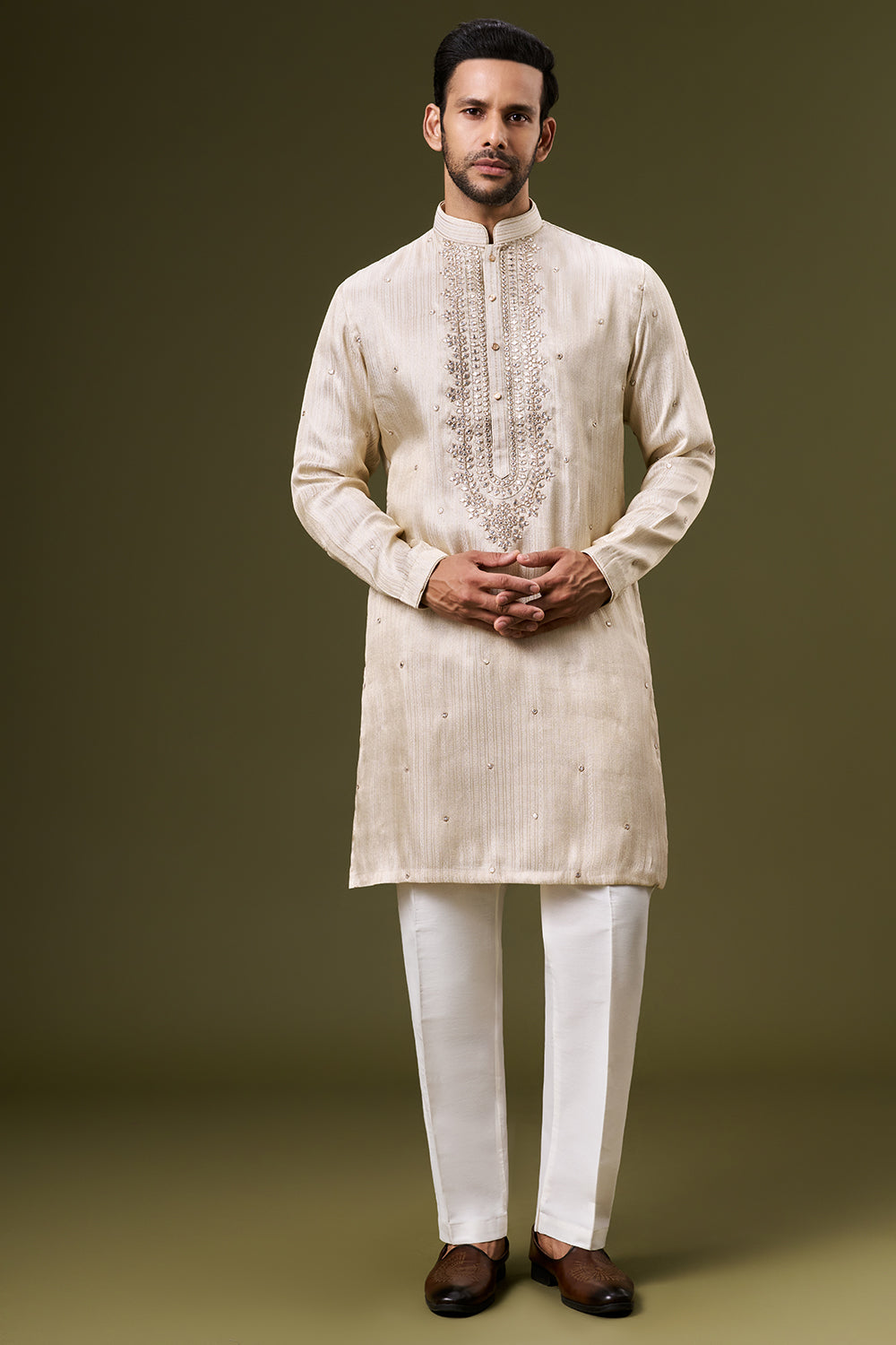Ivory Gold Jacquard Mens Kurta Set with Abla and Foil Work