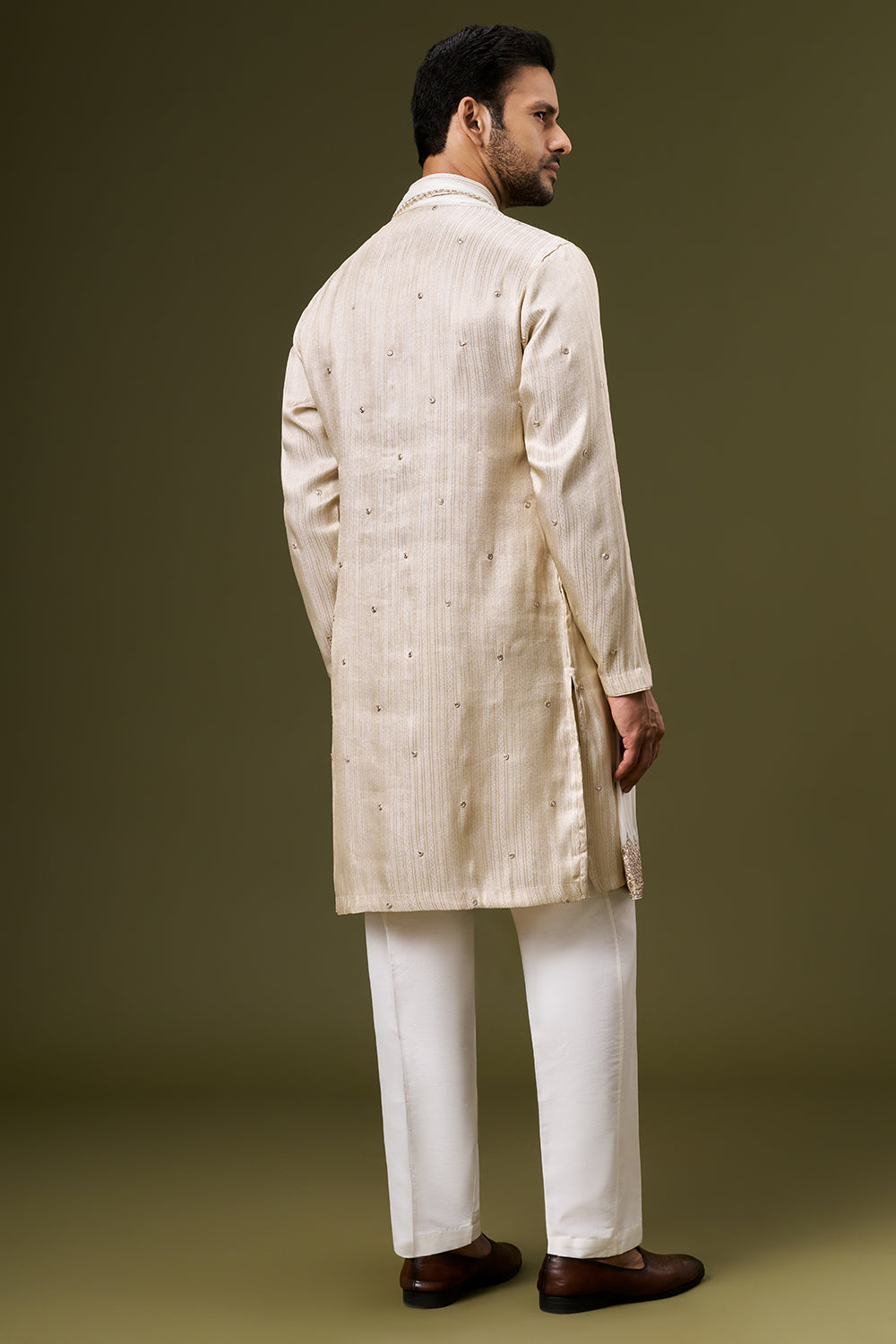 Ivory Gold Jacquard Mens Kurta Set with Abla and Foil Work