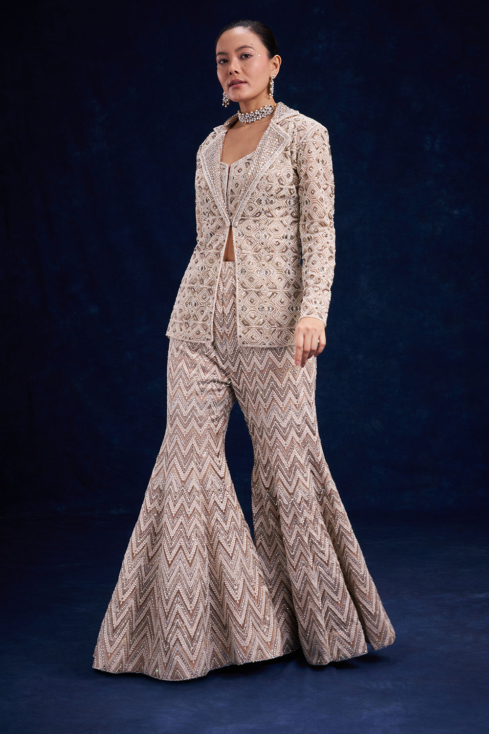 Ivory Gold Net Palazzo with Geometric Cutdana Work