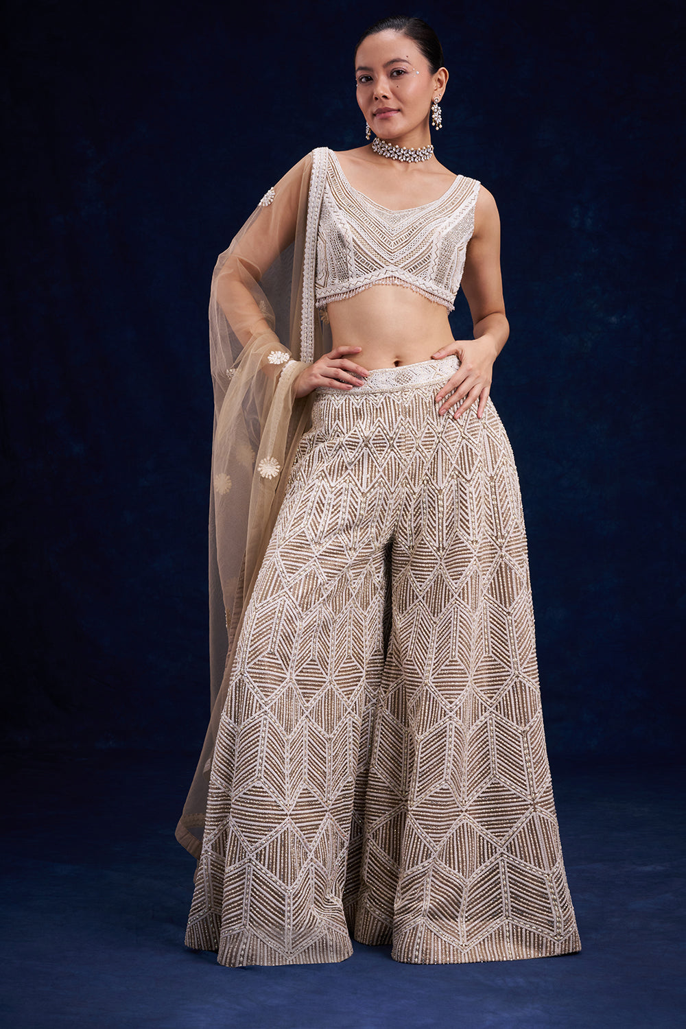 Ivory Gold Net Palazzo Set with Cutdana and Resham Work