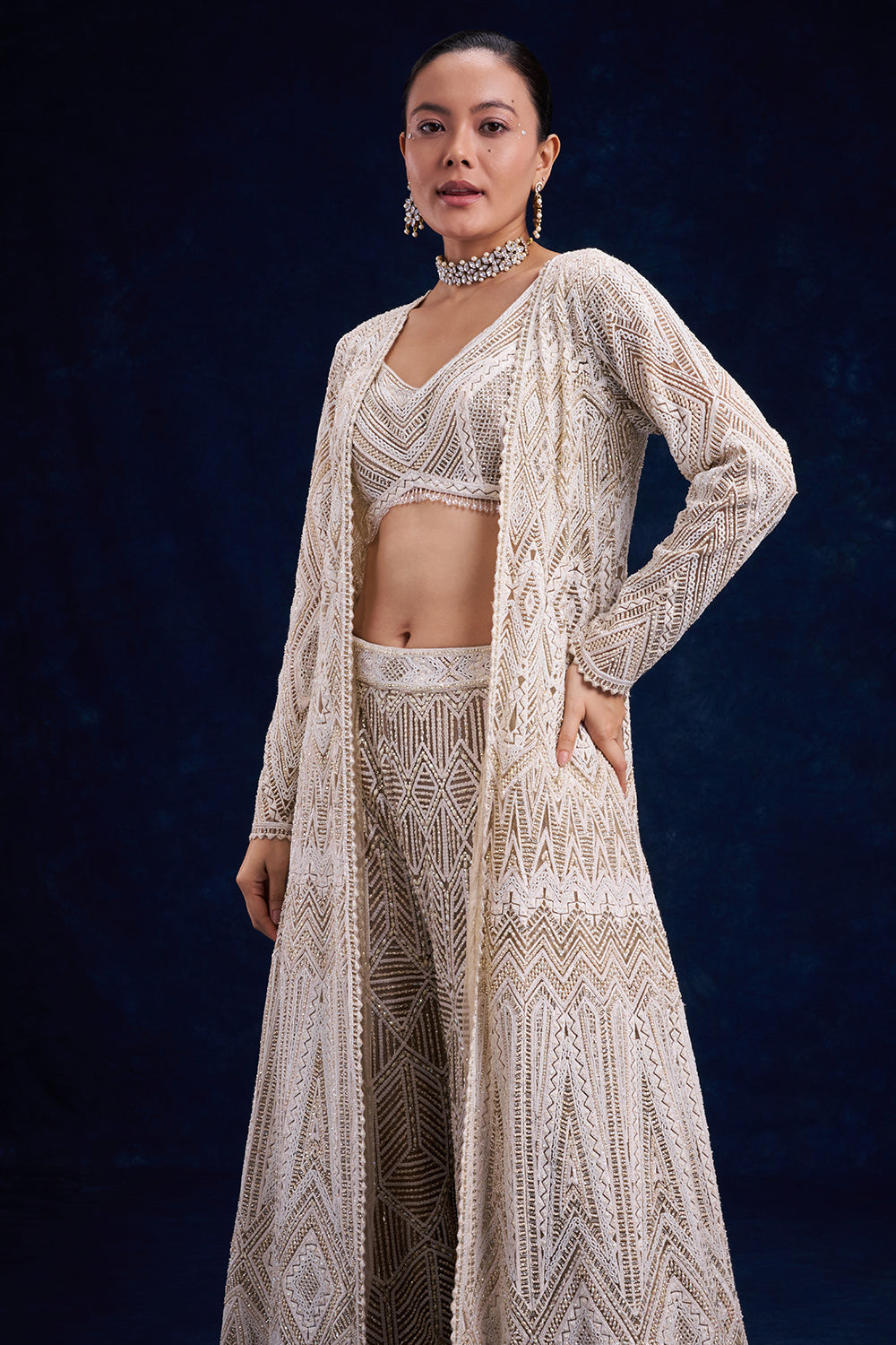 Ivory Gold Net Palazzo Set with Cutdana and Resham Work
