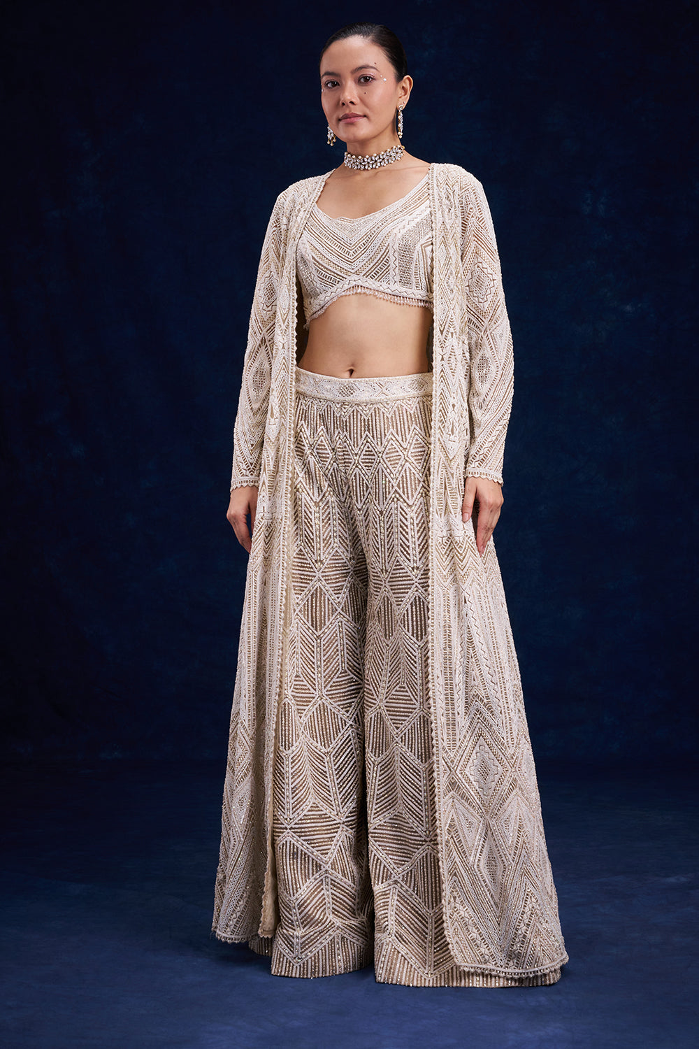Ivory Gold Net Palazzo Set with Cutdana and Resham Work