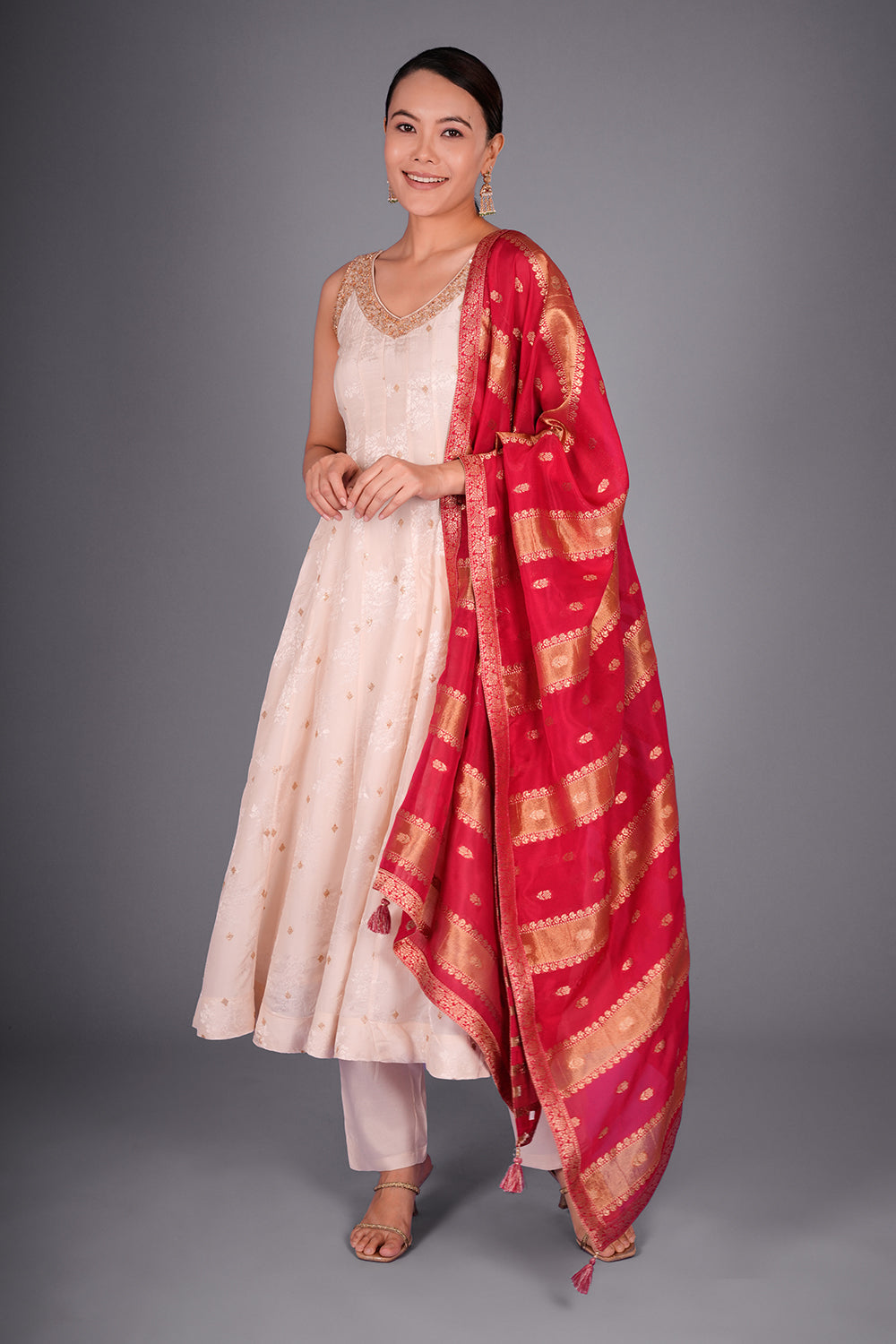 Ivory Gold Shimmer Zari Brasso Brocade Anarkali Set with Hand Embroidery