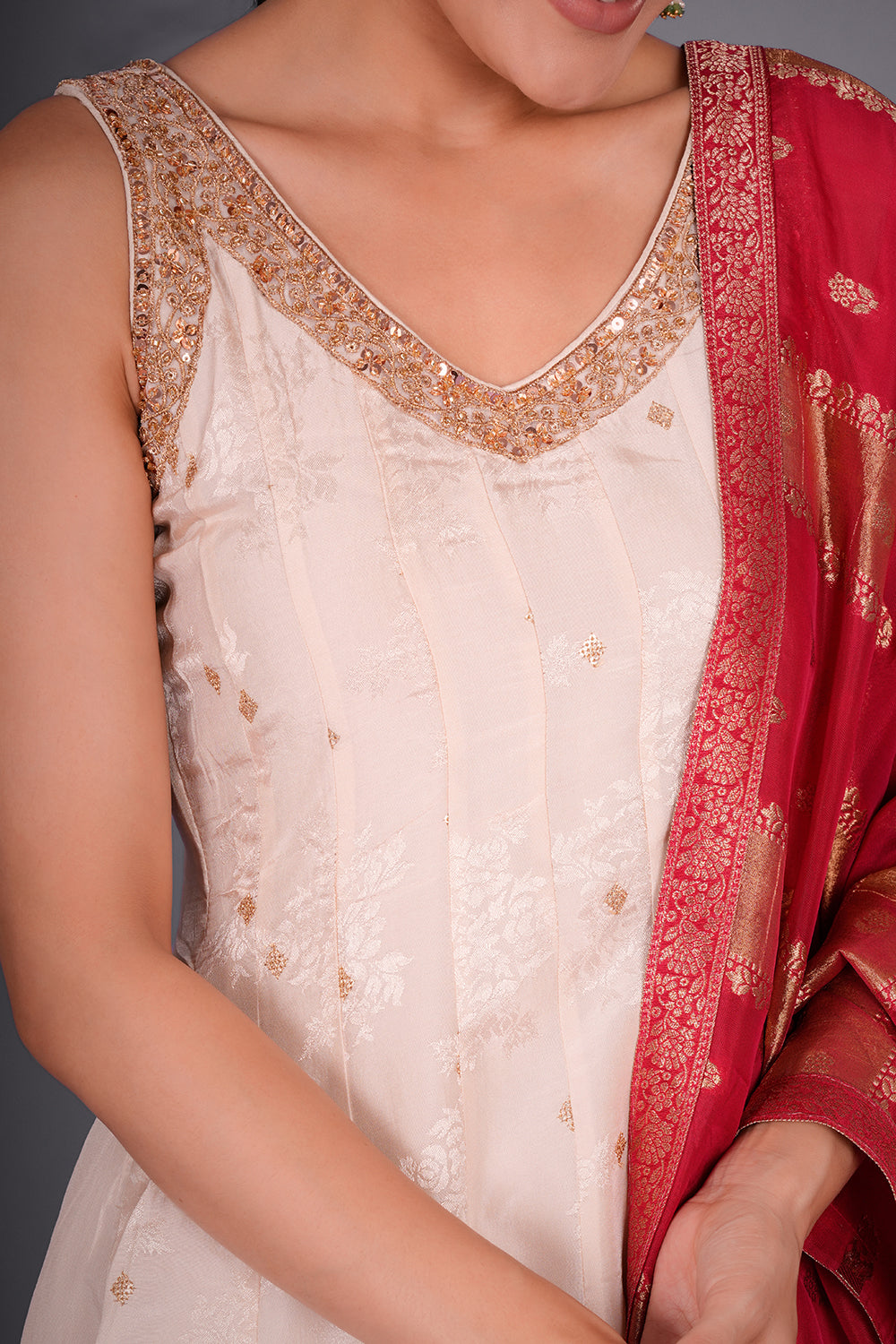 Ivory Gold Shimmer Zari Brasso Brocade Anarkali Set with Hand Embroidery
