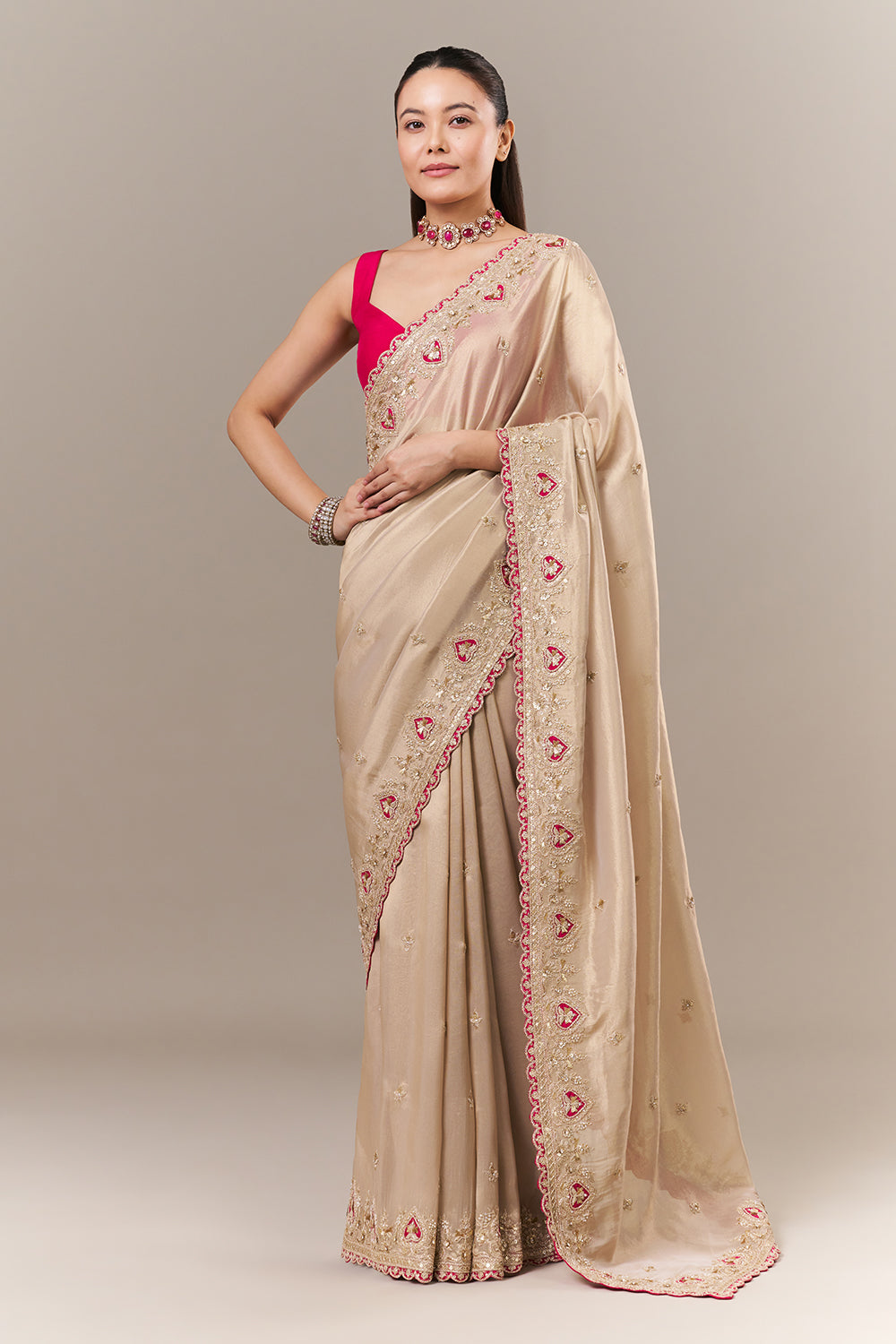 Ivory Gold Tissue Organza Embroidered Saree with Zari and Applique Work