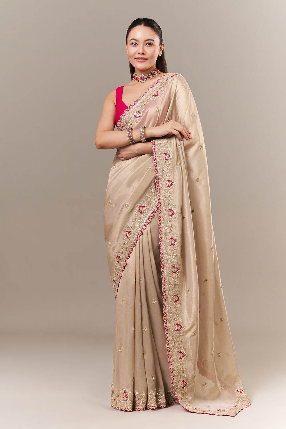 Ivory Gold Tissue Organza Embroidered Saree with Zari and Applique Work