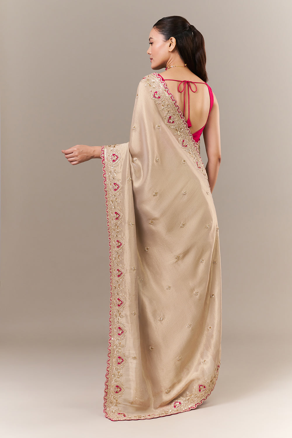 Ivory Gold Tissue Organza Embroidered Saree with Zari and Applique Work