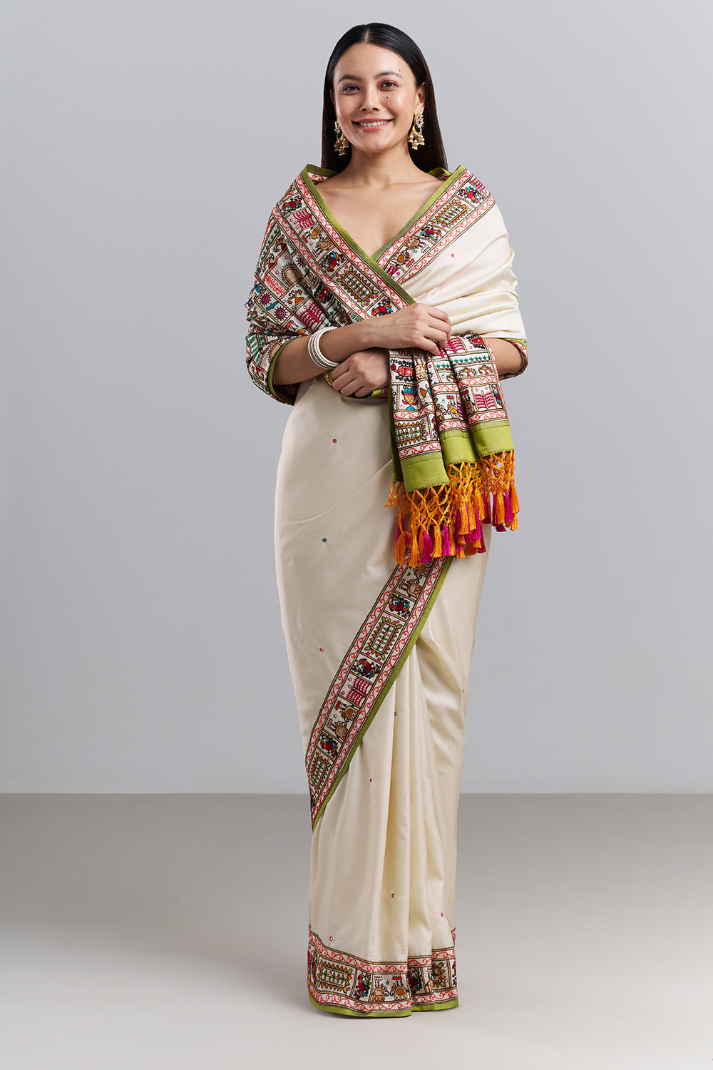 Ivory Heritage Print Saree with Embroidered Work