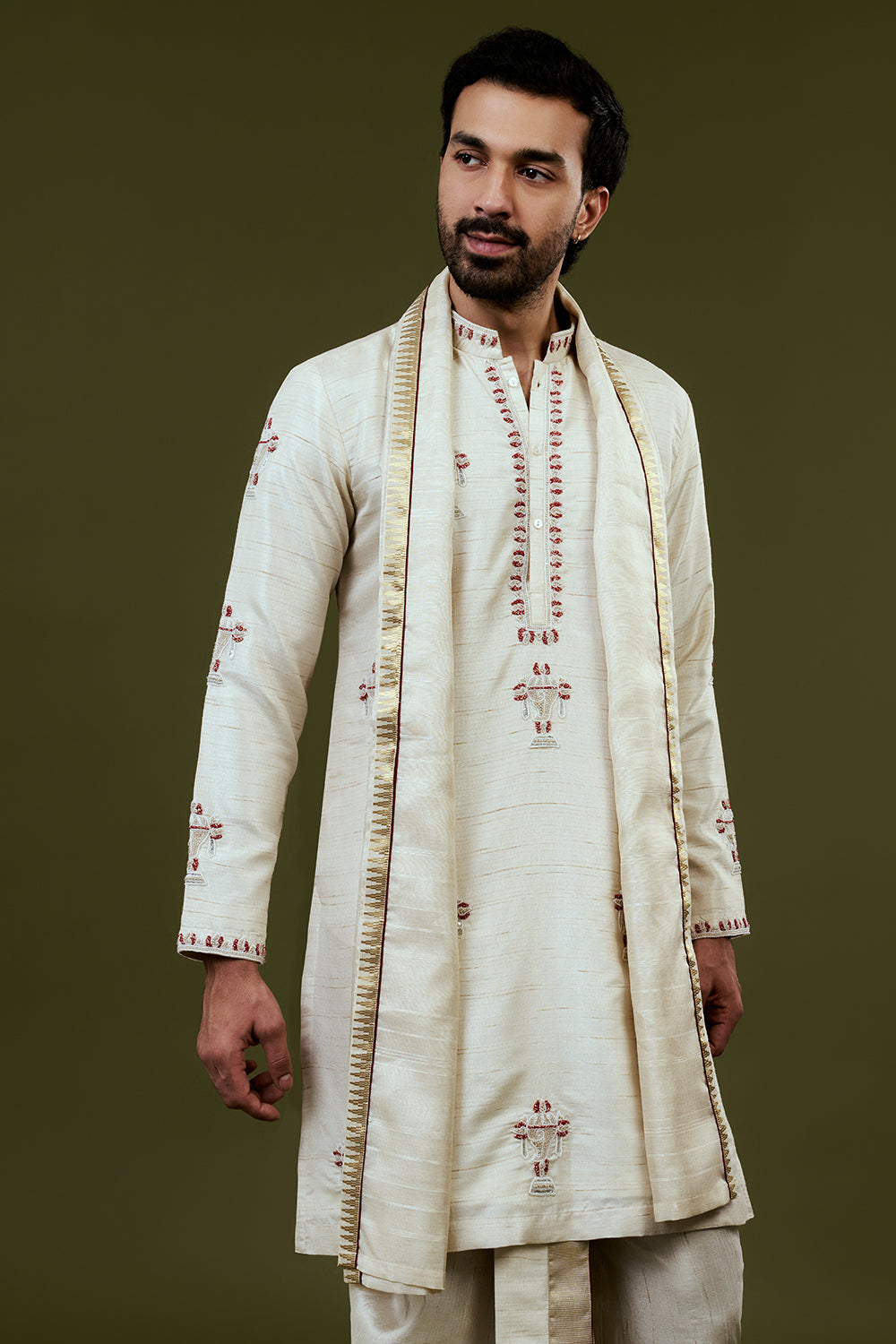 Ivory Kurta Dhoti Set with Temple Motif Embroidery and Golden Bordered Dupatta