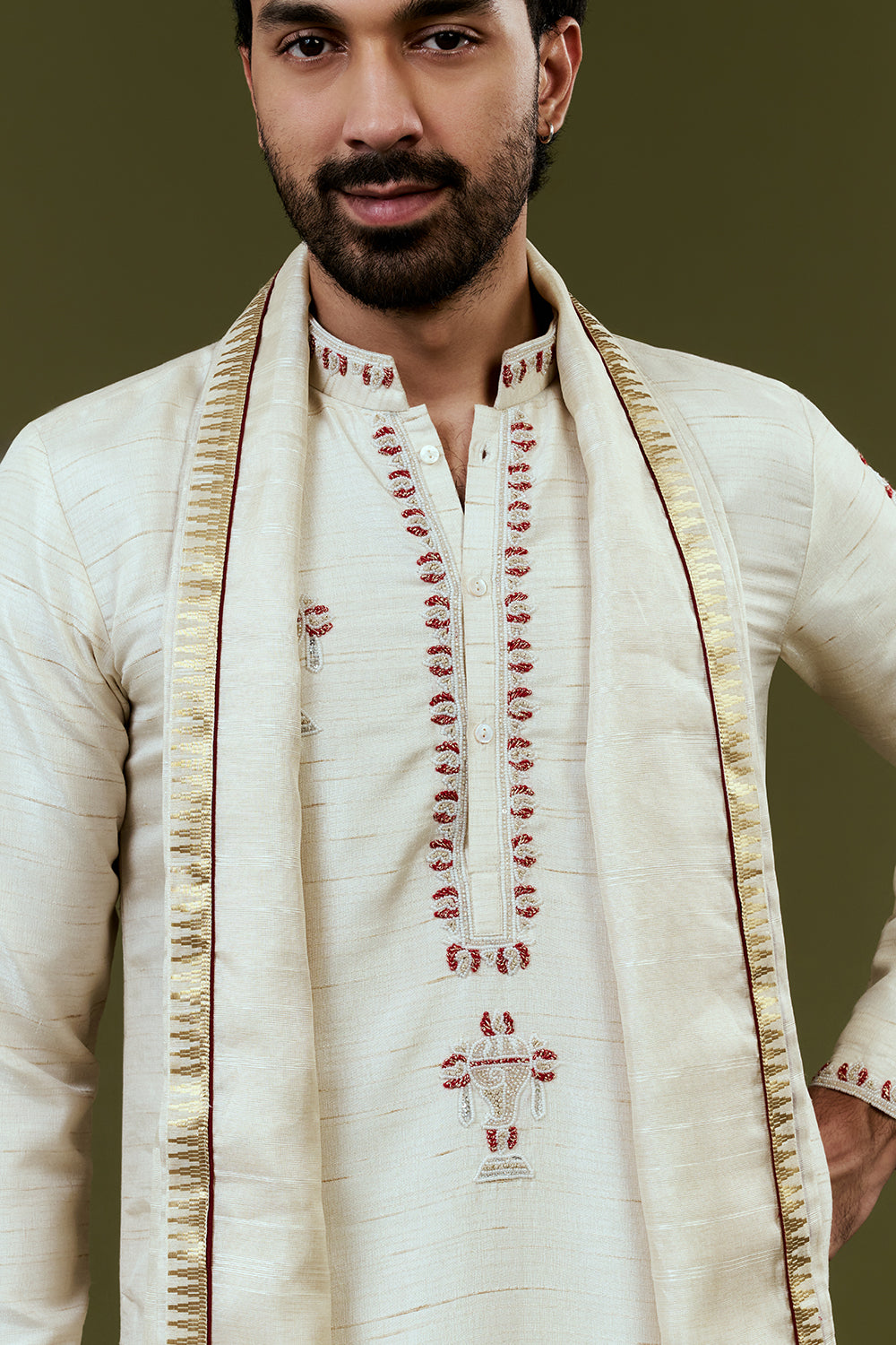 Ivory Kurta Dhoti Set with Temple Motif Embroidery and Golden Bordered Dupatta