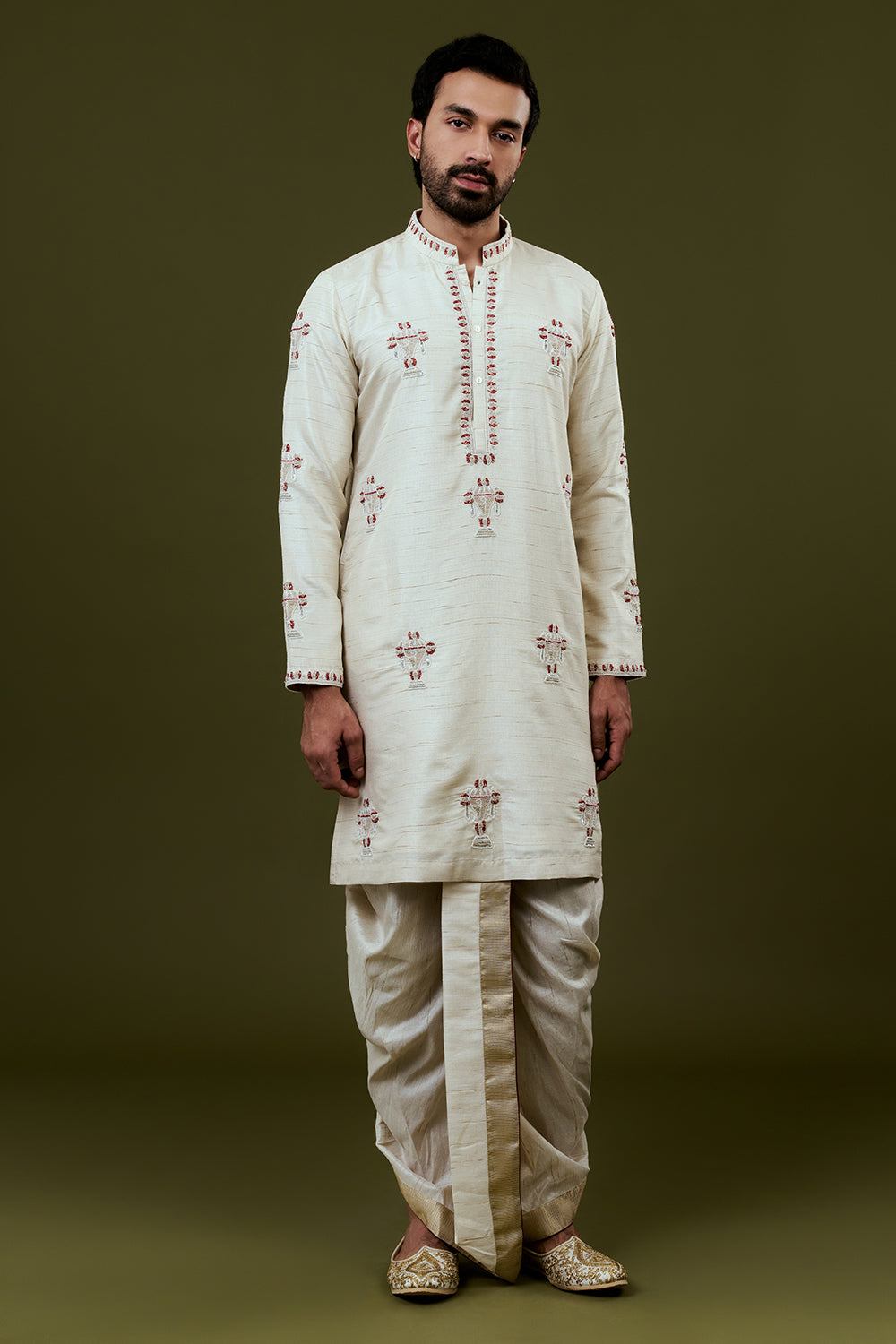 Ivory Kurta Dhoti Set with Temple Motif Embroidery and Golden Bordered Dupatta