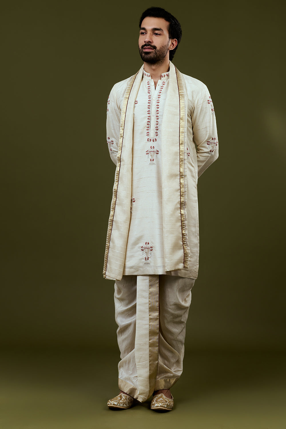 Ivory Kurta Dhoti Set with Temple Motif Embroidery and Golden Bordered Dupatta