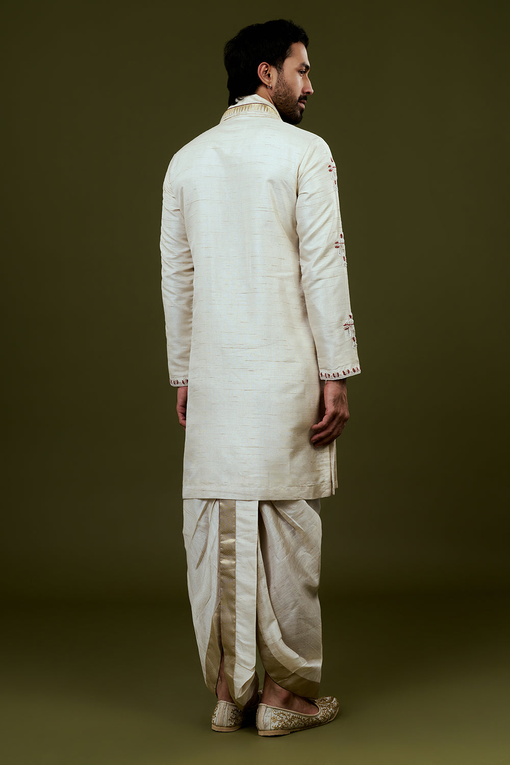 Ivory Kurta Dhoti Set with Temple Motif Embroidery and Golden Bordered Dupatta