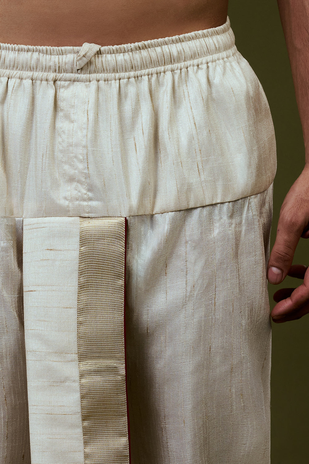 Ivory Kurta Dhoti Set with Temple Motif Embroidery and Golden Bordered Dupatta