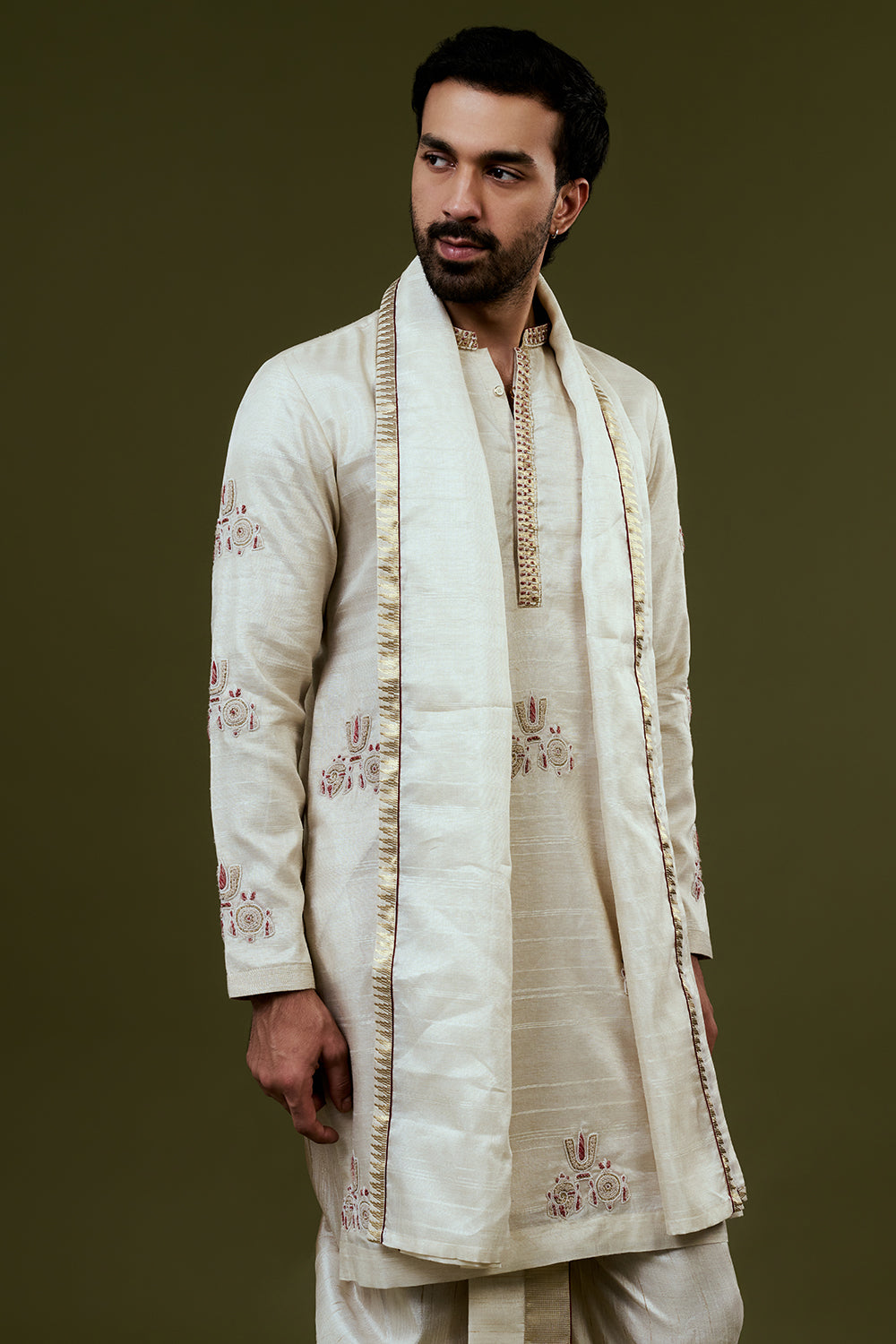 Ivory Kurta Dhoti Set with Traditional Motif Embroidery and Golden Bordered Dupatta