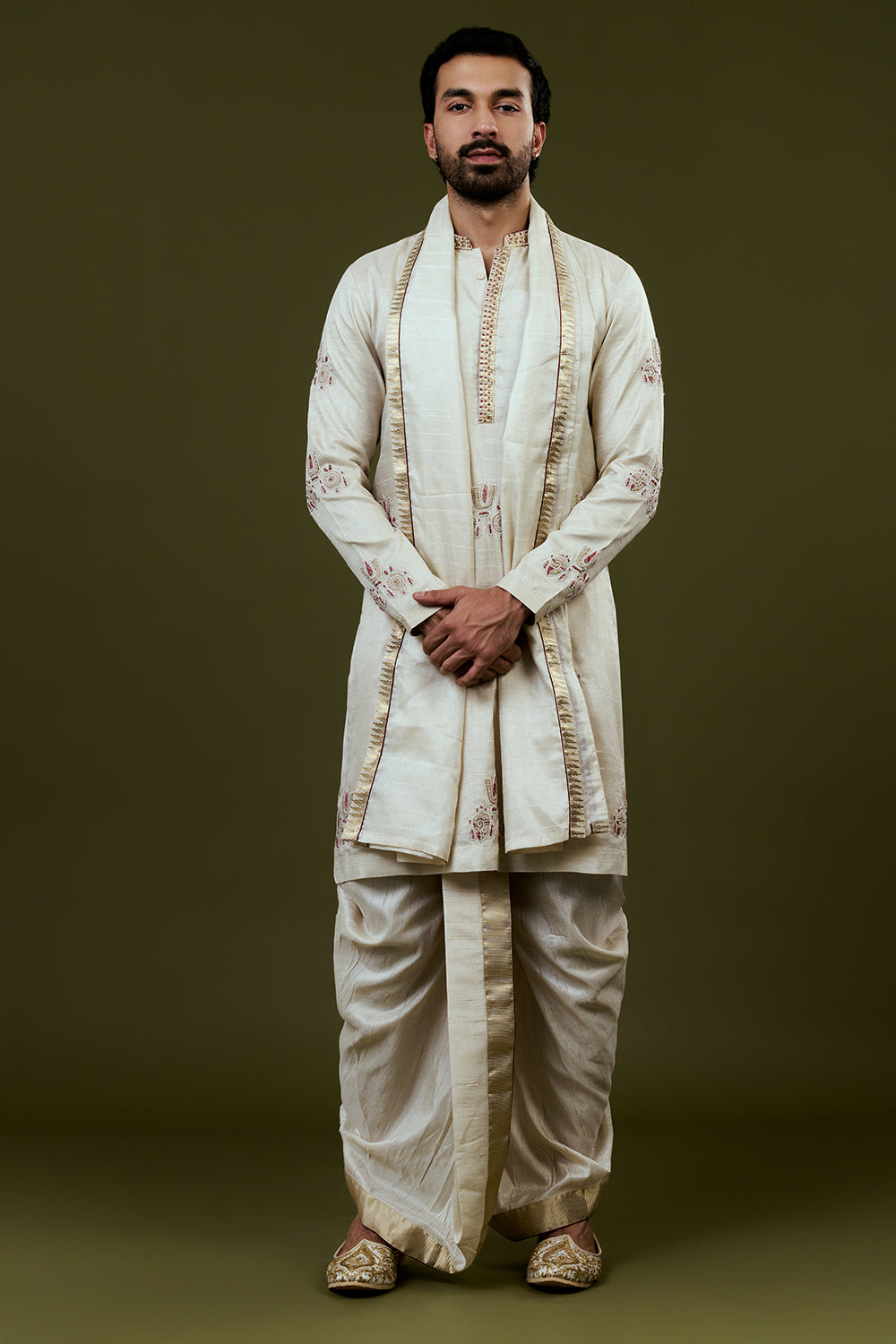 Ivory Kurta Dhoti Set with Traditional Motif Embroidery and Golden Bordered Dupatta