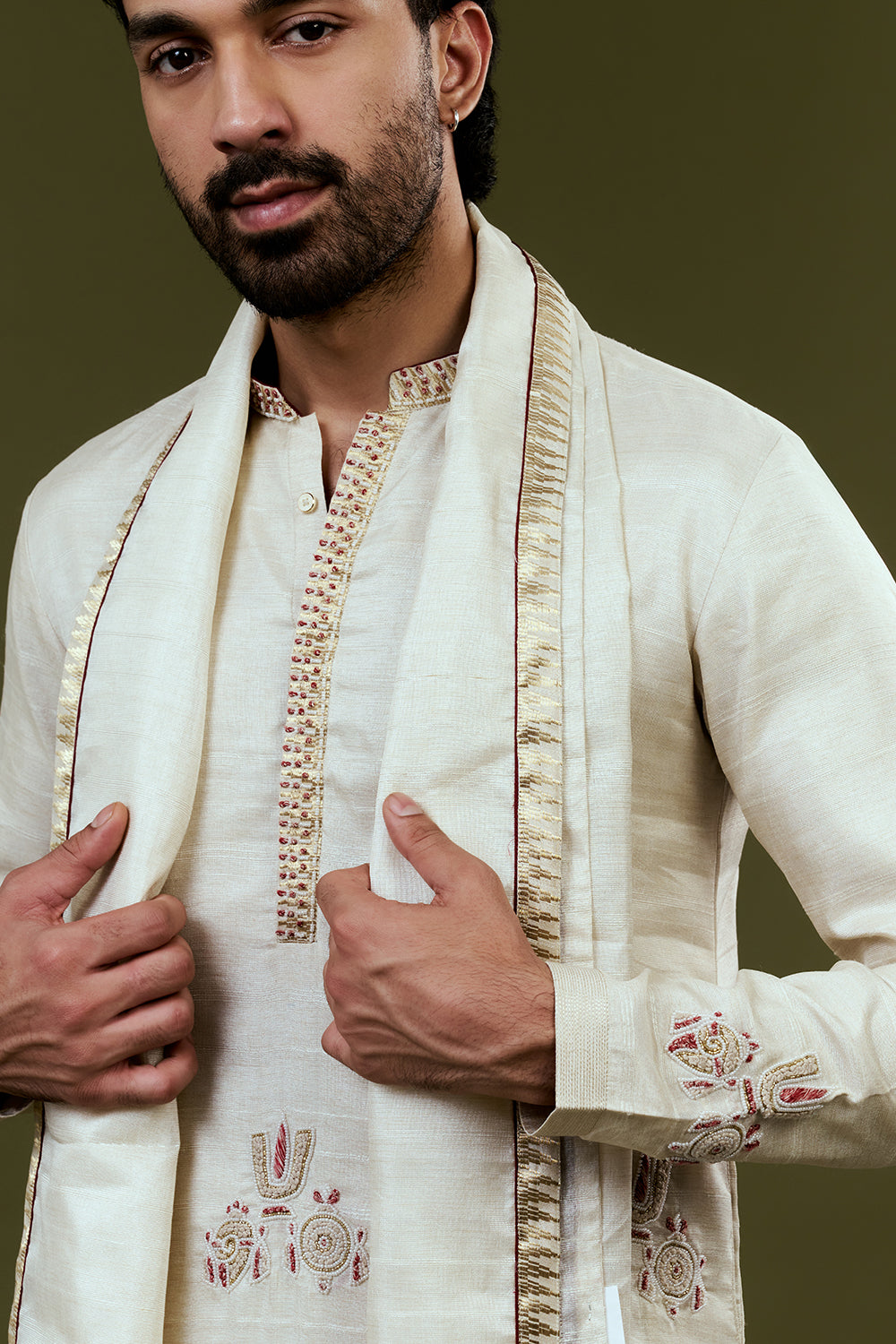 Ivory Kurta Dhoti Set with Traditional Motif Embroidery and Golden Bordered Dupatta