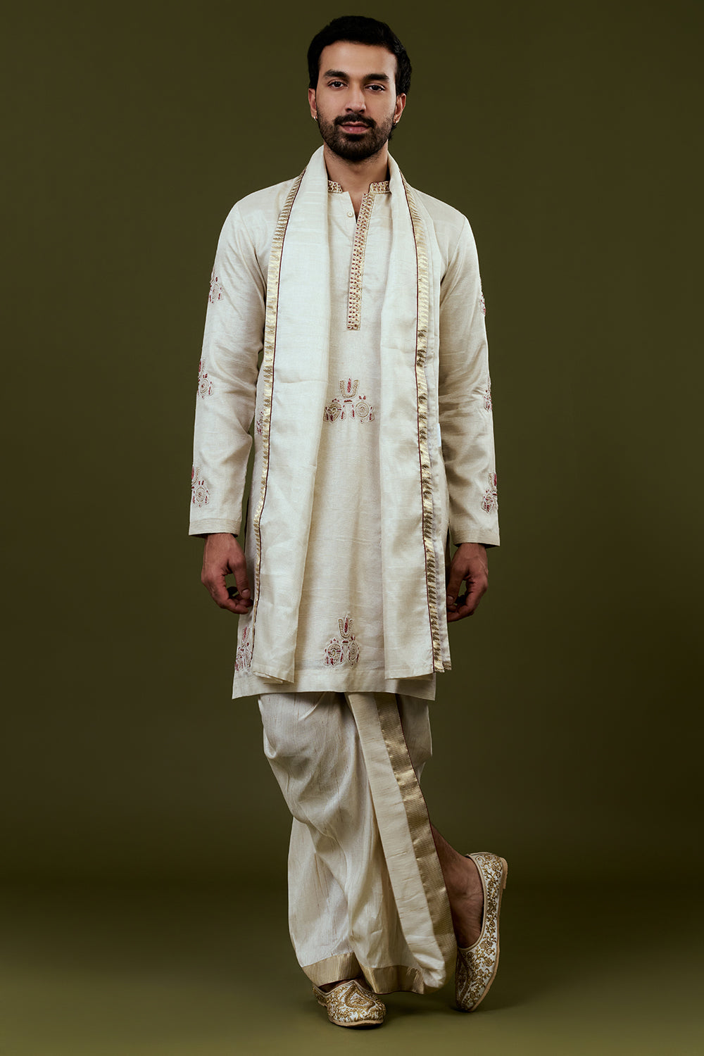 Ivory Kurta Dhoti Set with Traditional Motif Embroidery and Golden Bordered Dupatta