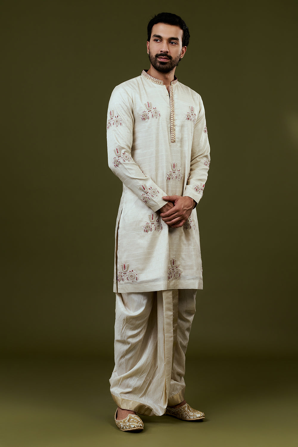 Ivory Kurta Dhoti Set with Traditional Motif Embroidery and Golden Bordered Dupatta