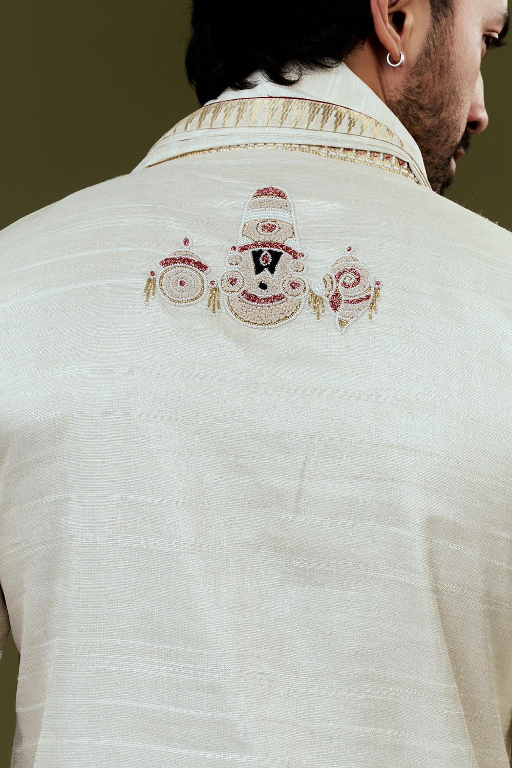 Ivory Kurta Dhoti Set with Traditional Motif Embroidery and Golden Bordered Dupatta