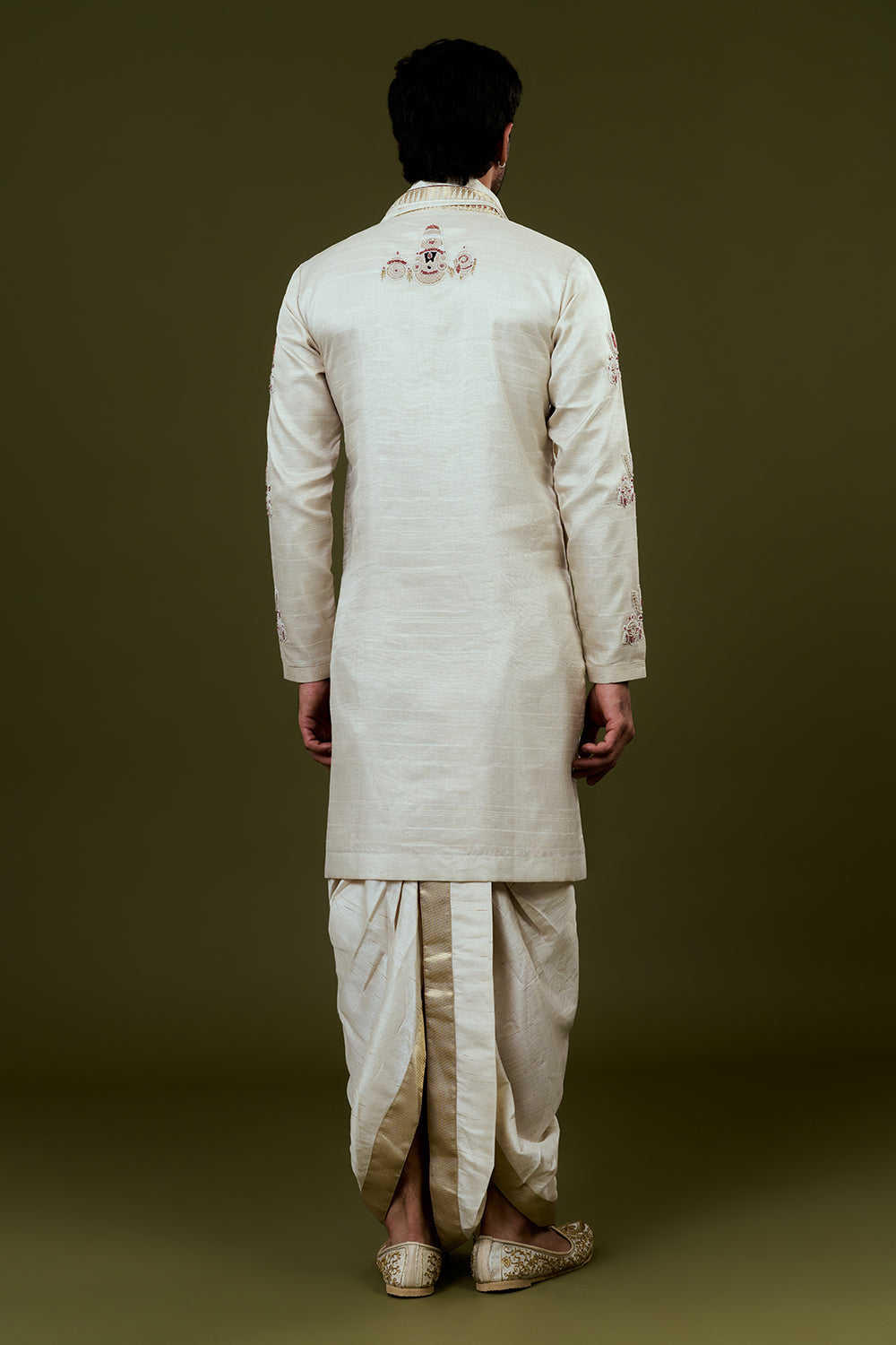 Ivory Kurta Dhoti Set with Traditional Motif Embroidery and Golden Bordered Dupatta