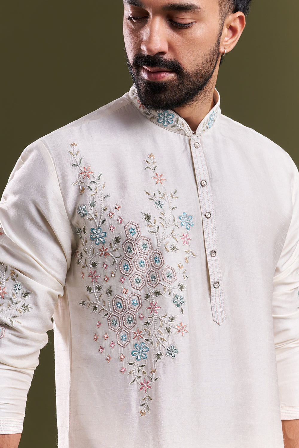Ivory Linen Satin Embellished Men’s Kurta Set