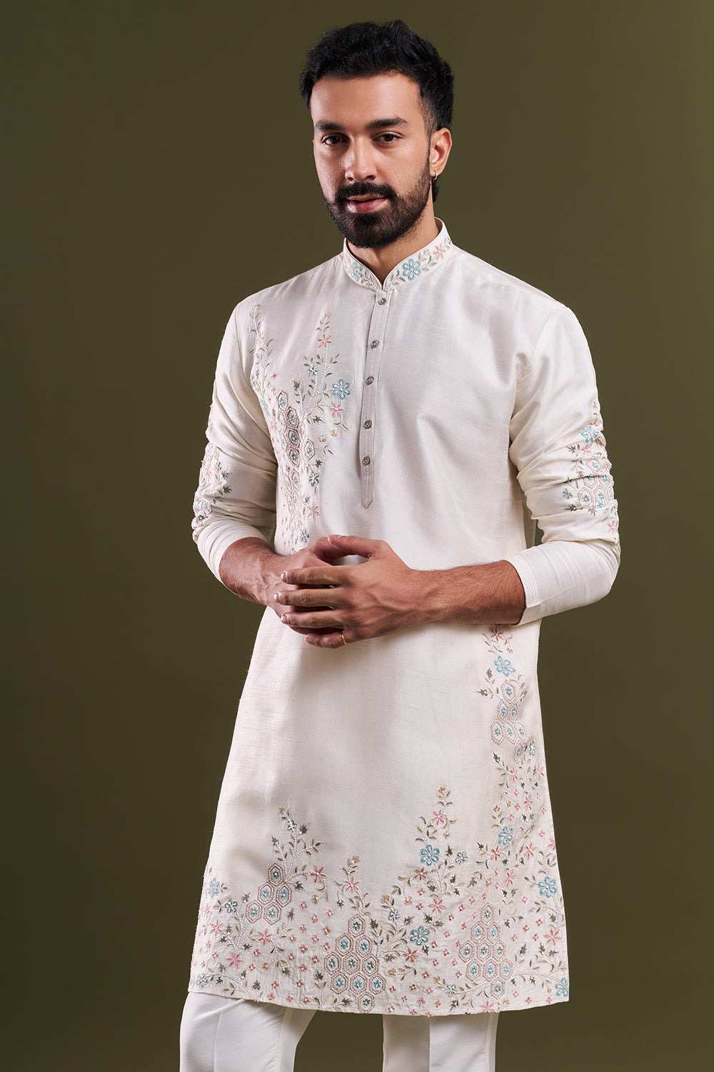 Ivory Linen Satin Embellished Men’s Kurta Set