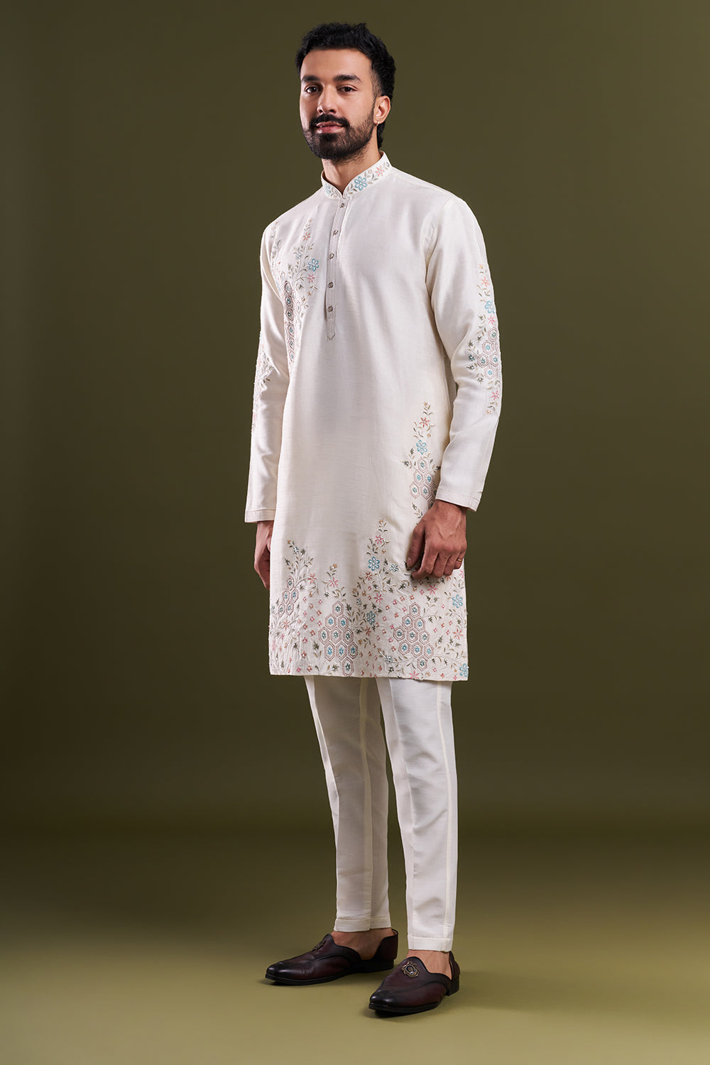 Ivory Linen Satin Embellished Men’s Kurta Set