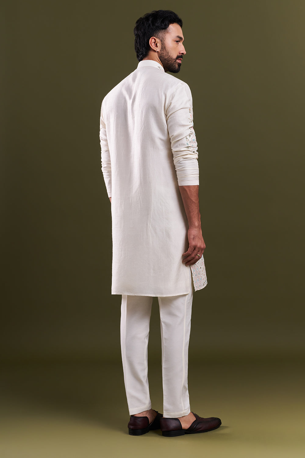 Ivory Linen Satin Embellished Men’s Kurta Set