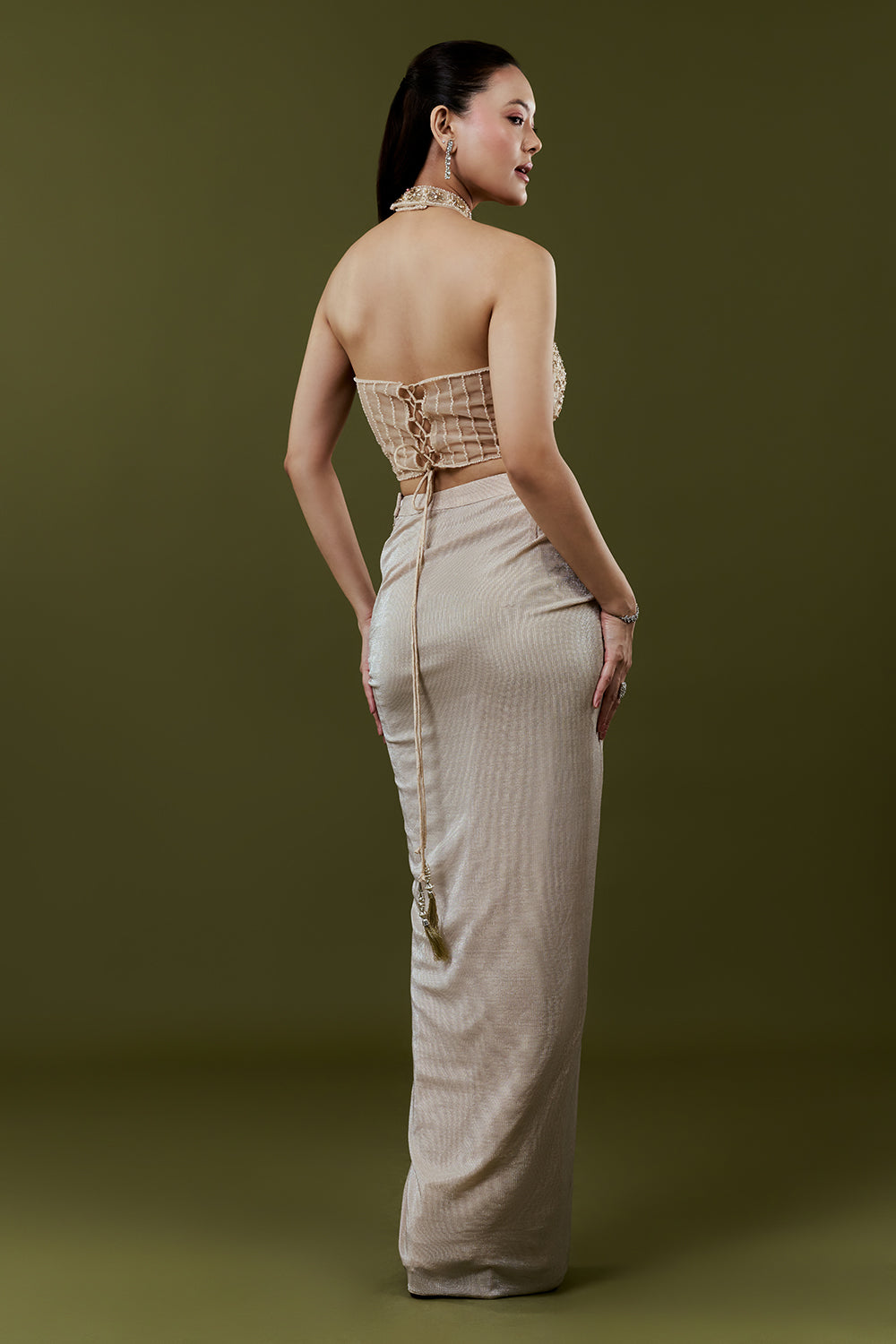 Ivory Lycra Indo Western Set with Pearl and Stone Embellishments