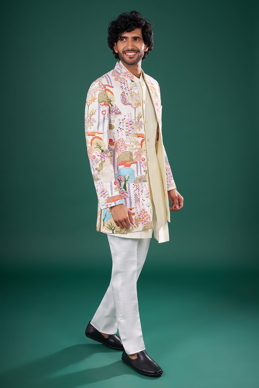 Ivory Multicolor Silk Jacket Set with Resham Embroidery