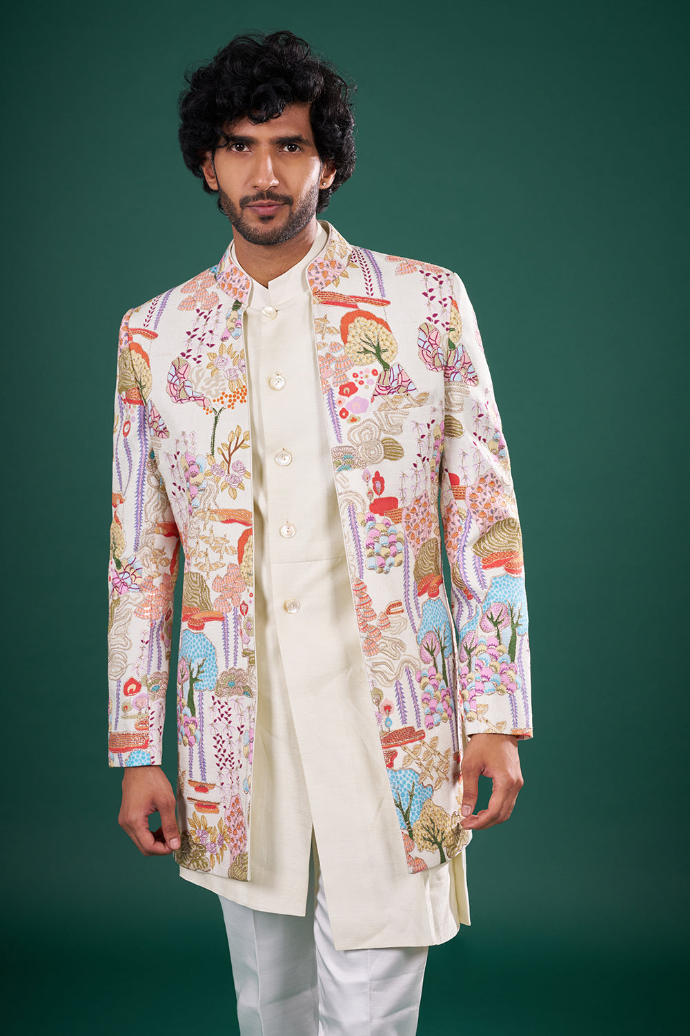 Ivory Multicolor Silk Jacket Set with Resham Embroidery