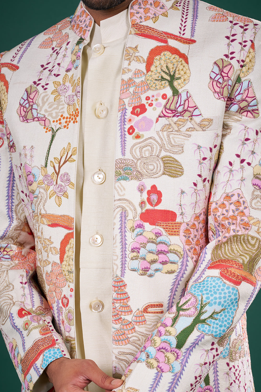 Ivory Multicolor Silk Jacket Set with Resham Embroidery