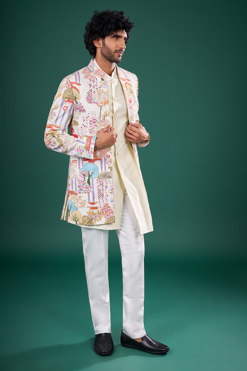 Ivory Multicolor Silk Jacket Set with Resham Embroidery