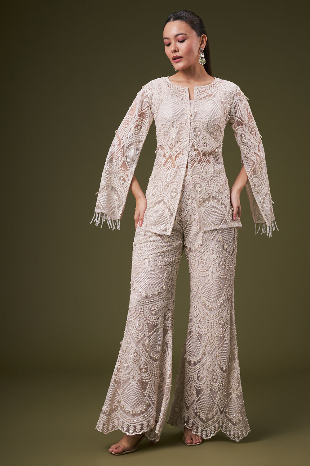 Ivory Net Crop Top Style Suit with Pearl and Sequin Work