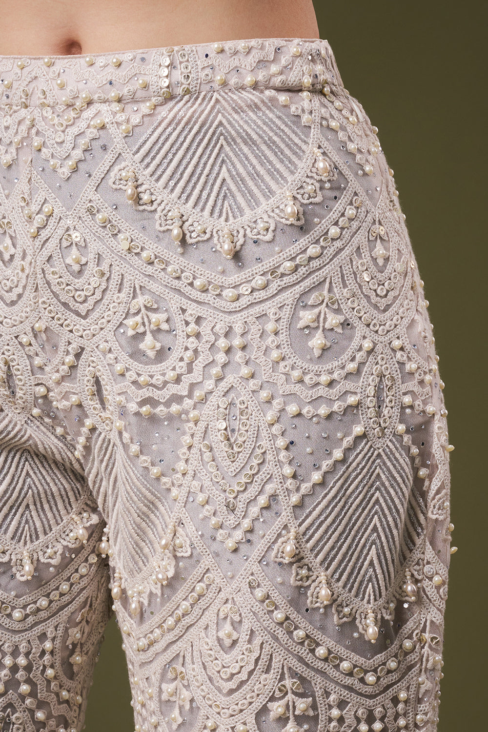 Ivory Net Crop Top Style Suit with Pearl and Sequin Work