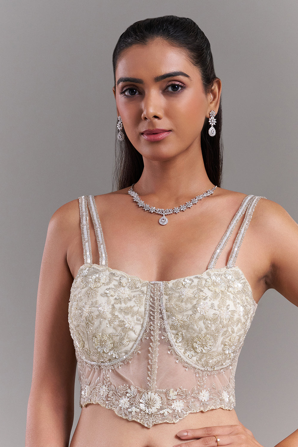 Ivory Net Embroidered Blouse with 3D Floral Detail