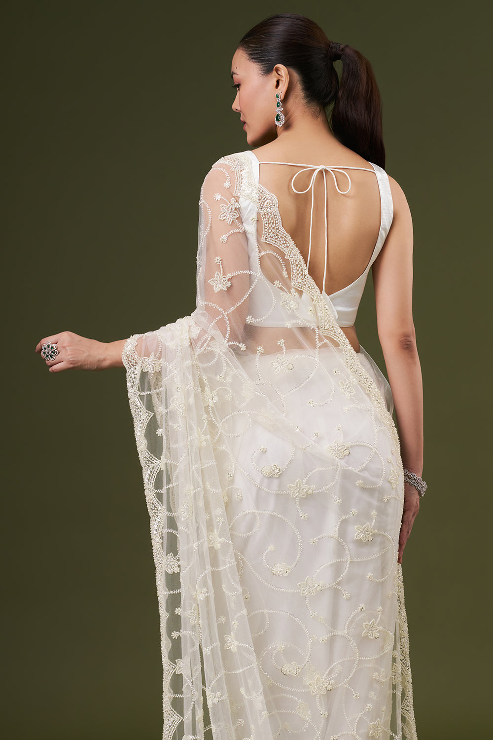 Ivory Net Embroidered Saree with Sequins and Cutdana Work