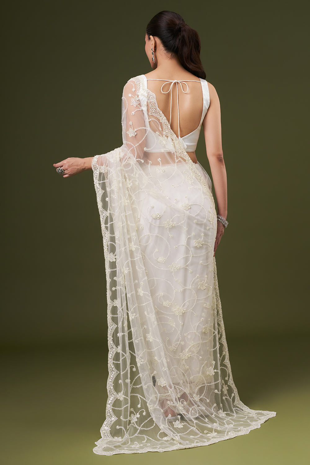 Ivory Net Embroidered Saree with Sequins and Cutdana Work